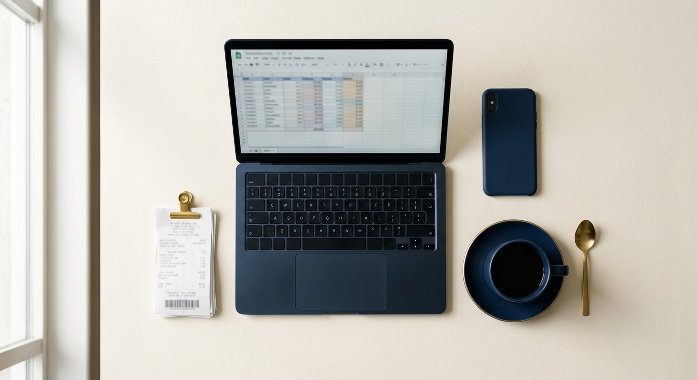 Laptop z arkuszem księgowym, telefon i paragon — księgowość online